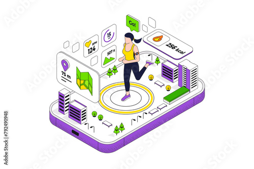 Runing exercising, fitness app for sports. Sportswear for woman. Workout for wellness and activity of muscles. Female healthcare. Flat isometric vector illustration isolated on white background. © darkovujic
