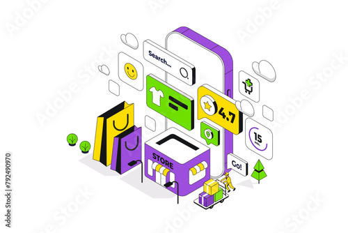 Online Shopping Store composition. Isometric phone makes a purchase in Marketplace. Shopping cart with a package. Vector illustration © darkovujic