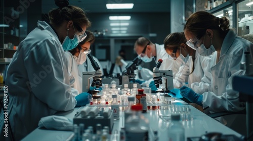 A group of forensic scientists intently crowd around a large table examining numerous vials and samples under their individual microscopes. Each scientist wears protective gear and . photo