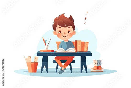 Cute schoolboy sitting at desk and reading book photo