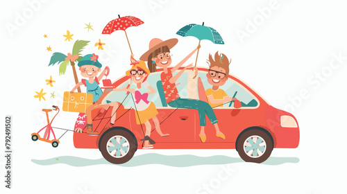 Funny family driving in car on weekend holiday. vector