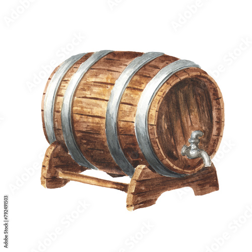 Wooden barrel for wine and cognac, brandy and other alcohol beverage. Hand drawn watercolor illustration isolated on white background © dariaustiugova