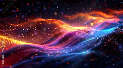 Colorful glowing particles form into a wave.