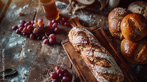 Easter Feast. Image with Grapes and Bread. Christian Feast Concept.