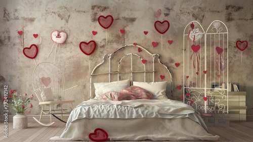 vintage bedroom with valentines decoration 