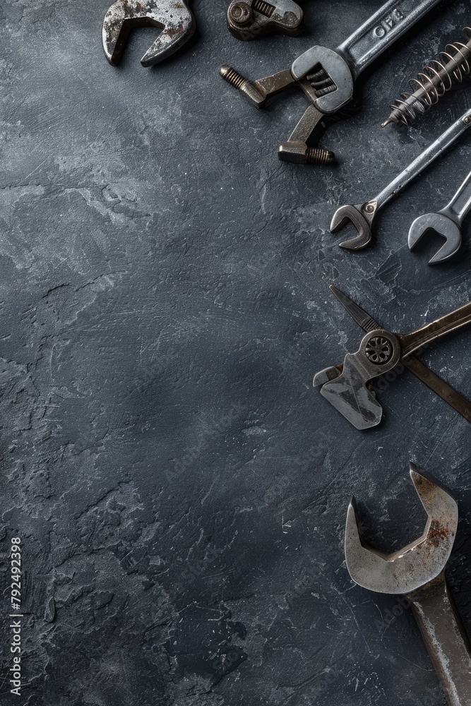 Set of tools and instruments on grey textured background with copy space Set of tools and instruments on grey textured background with copy space
