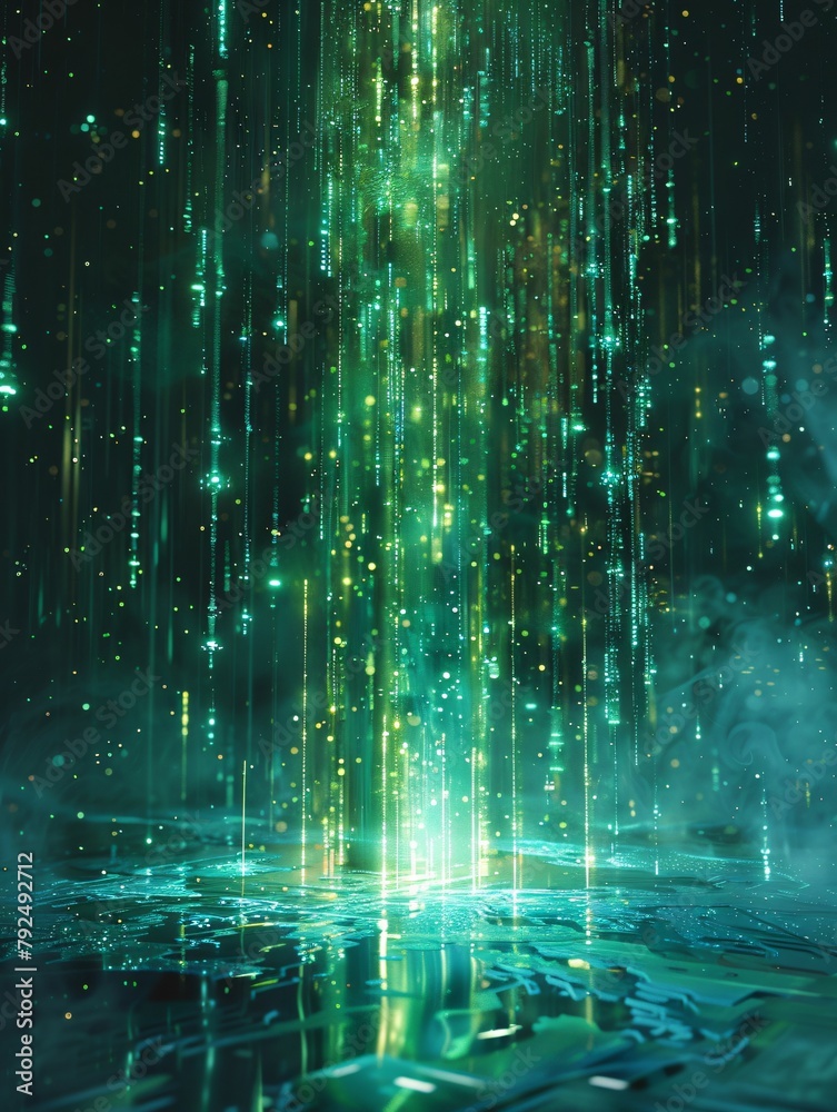 Ethereal Green Digital Rain in Virtual Space