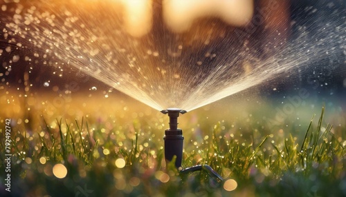 Dawn Awakening: Automatic Sprinkler Lawn with Water Drops on Green Grass photo