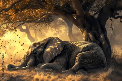 cartoon illustration, an elephant is sleeping under a tree photo