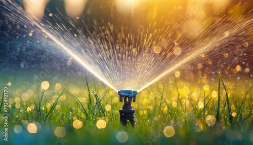 Green Oasis at Dawn: Automatic Sprinkler Lawn with Water Drops on Grass photo