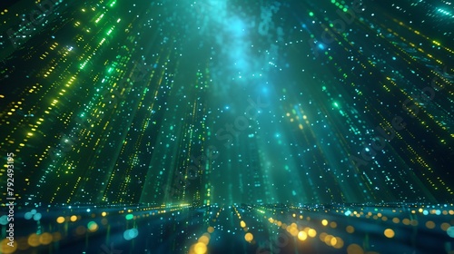 Green and blue glowing particles form a futuristic triangle shaped tunnel photo