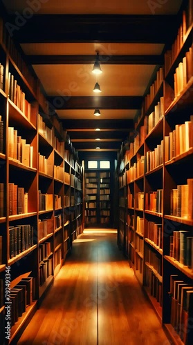 Animation of a long corridor with shelves filled with books in a large library with a slow-motion view of walking. Vertical video. photo