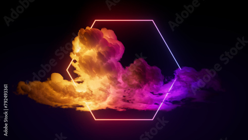 Cloud Formation Illuminated with Pink and Yellow Fluorescent Light. Dark Environment with Hexagon shaped Neon Frame. photo
