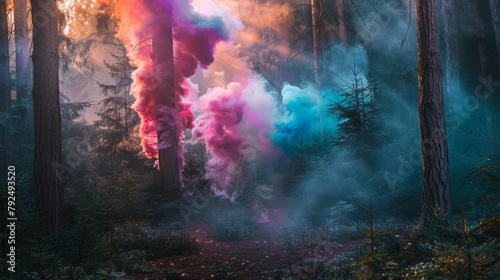 Wisps of colorful smoke wafting through a forest, creating a dreamlike ambiance in the wilderness photo
