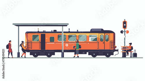 Locomotive and passengers on platform. Vector flat