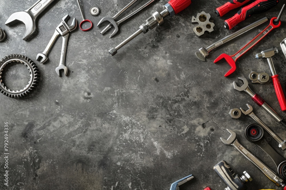 Fototapeta premium Set of tools and instruments on grey textured background with copy space