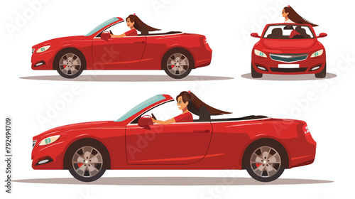 Long haired brunette woman driving red sedan car. Fem photo