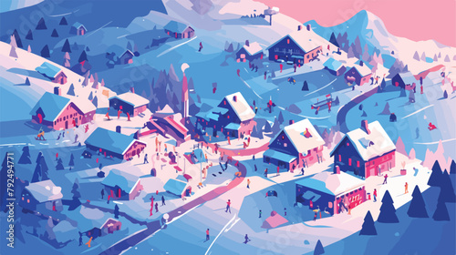 Ski Resort with Skiers. Mountain skiing map style b