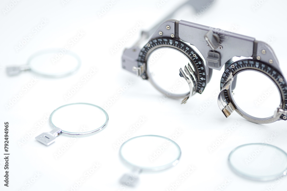Εκτύπωση καμβά Close up of Eye test frame for optician with many different trial lenses for eye