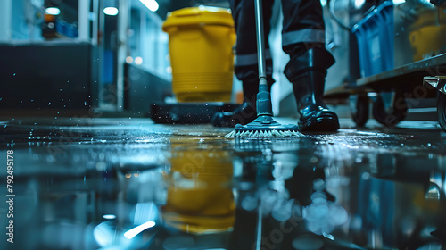 Janitor Cleaning a Shiny Floor. Generative AI illustration  photo