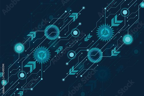 Vector illustration gear wheel, hexagons and circuit board, Hi-tech digital technology and engineering, digital telecom technology concept. Abstract futuristic on dark blue background