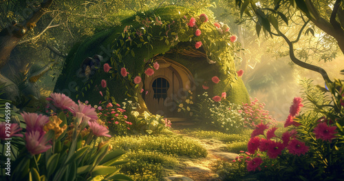 A secret fairy dwelling surrounded by blooming flowers, nestled under a canopy. AI Generative photo