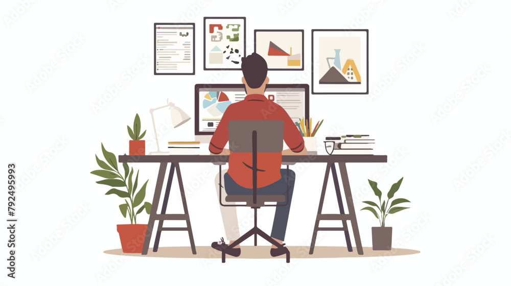 Male sit at desk with computer and watching pictures