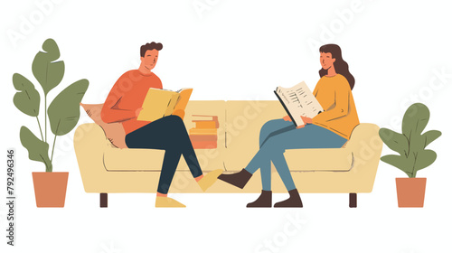 Man and woman reading books on the sofa. Flat style