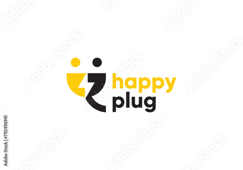 happy people with plug logo. energy power socket. creative idea and innovation vector design.
