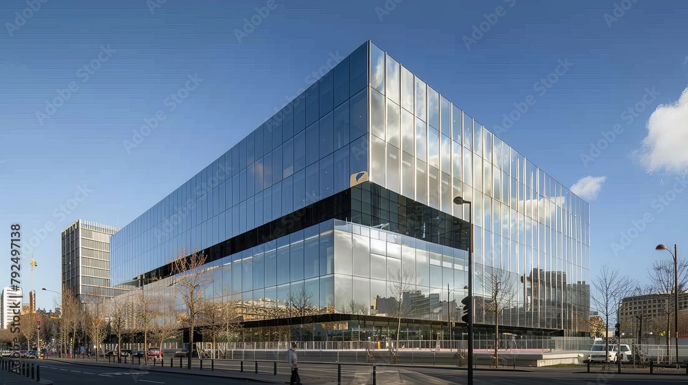 Like a mirror to the heavens, the glass panels of the business building perfectly reflect the endless expanse of the sky, creating a striking visual contrast against the urban landscape.