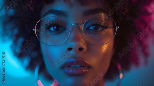 A Close-Up Portrait Of A Woman's Intimate Gaze, Amplified By The Intrigue Of Blue Neon Light