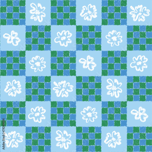 Flower Line Doodle With Checked Seamless Pattern Art On Blue Background Wallpaper 