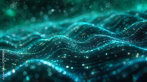 Teal and blue glowing data particles form into a wave pattern.