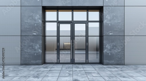 A large glass door with a black frame is open to the street