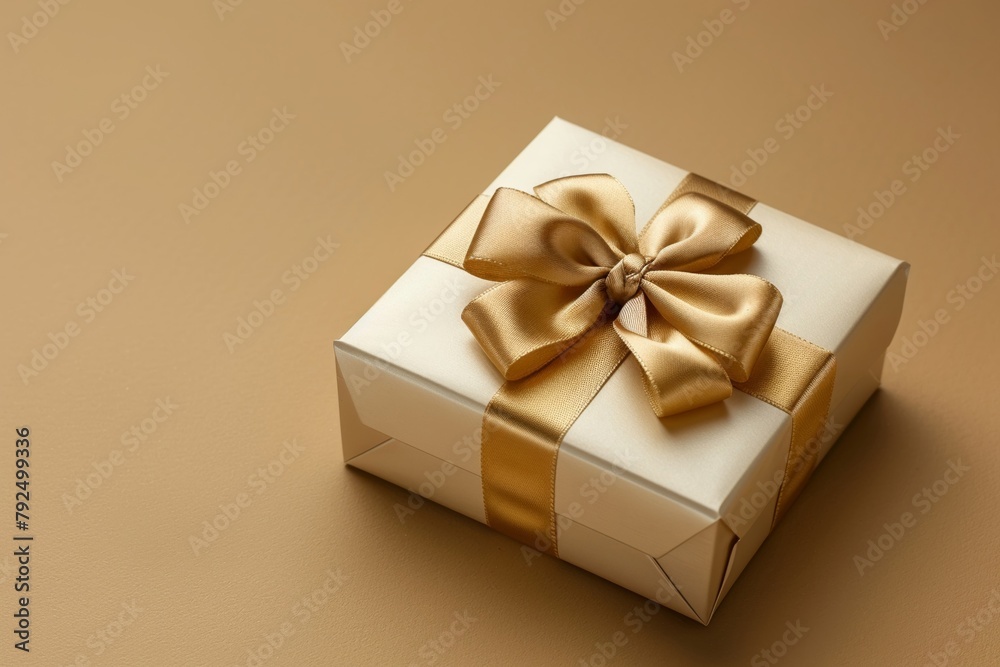 Angled gold box of cream, gold ribbon sliding in backdrop, expansive text space, pristine background Angled gold box of cream, gold ribbon sliding in backdrop, expansive text space, pristine background