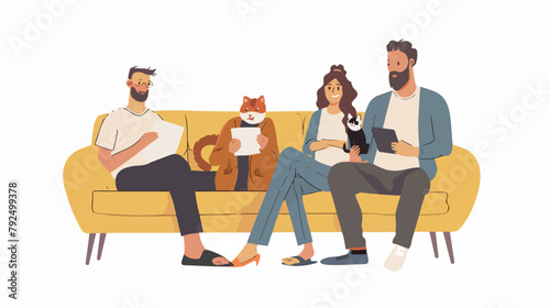 Man woman and cat sitting on the couch with notebook