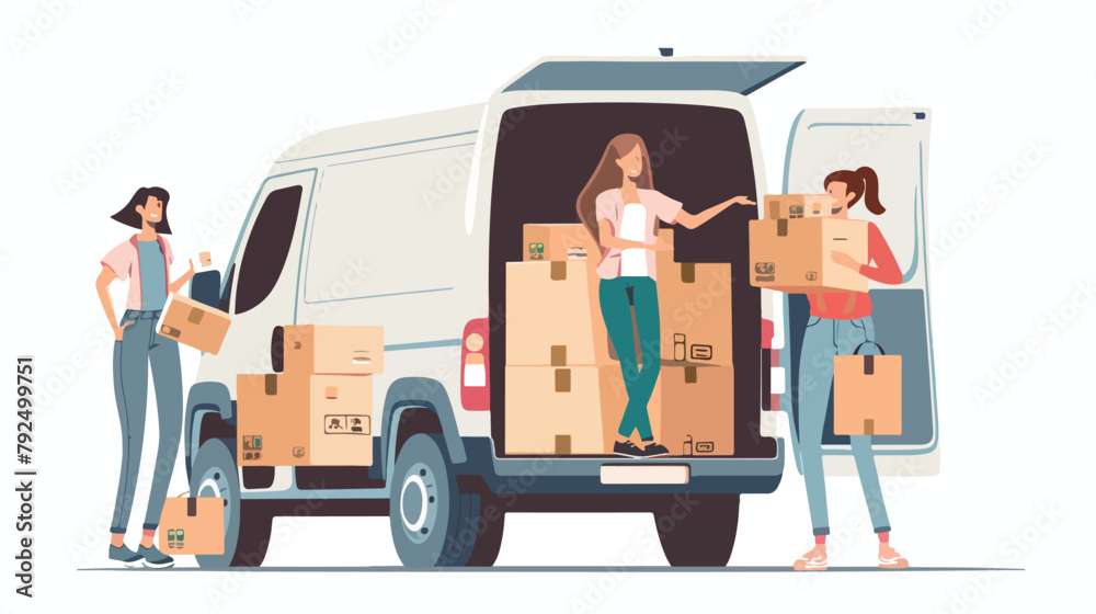 Man woman and girl hold boxes. Moving house. Minivan