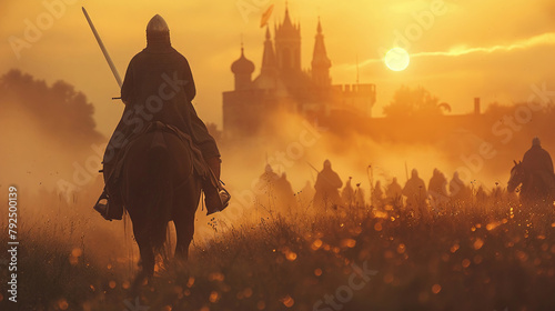 Dawn at medieval battlefield, first light on armored knights on horseback, clean background, text space photo