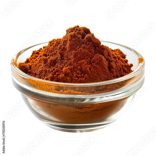 Extreme Front view of powdered Paprika in a small glass bowl isolated on a white transparent background photo