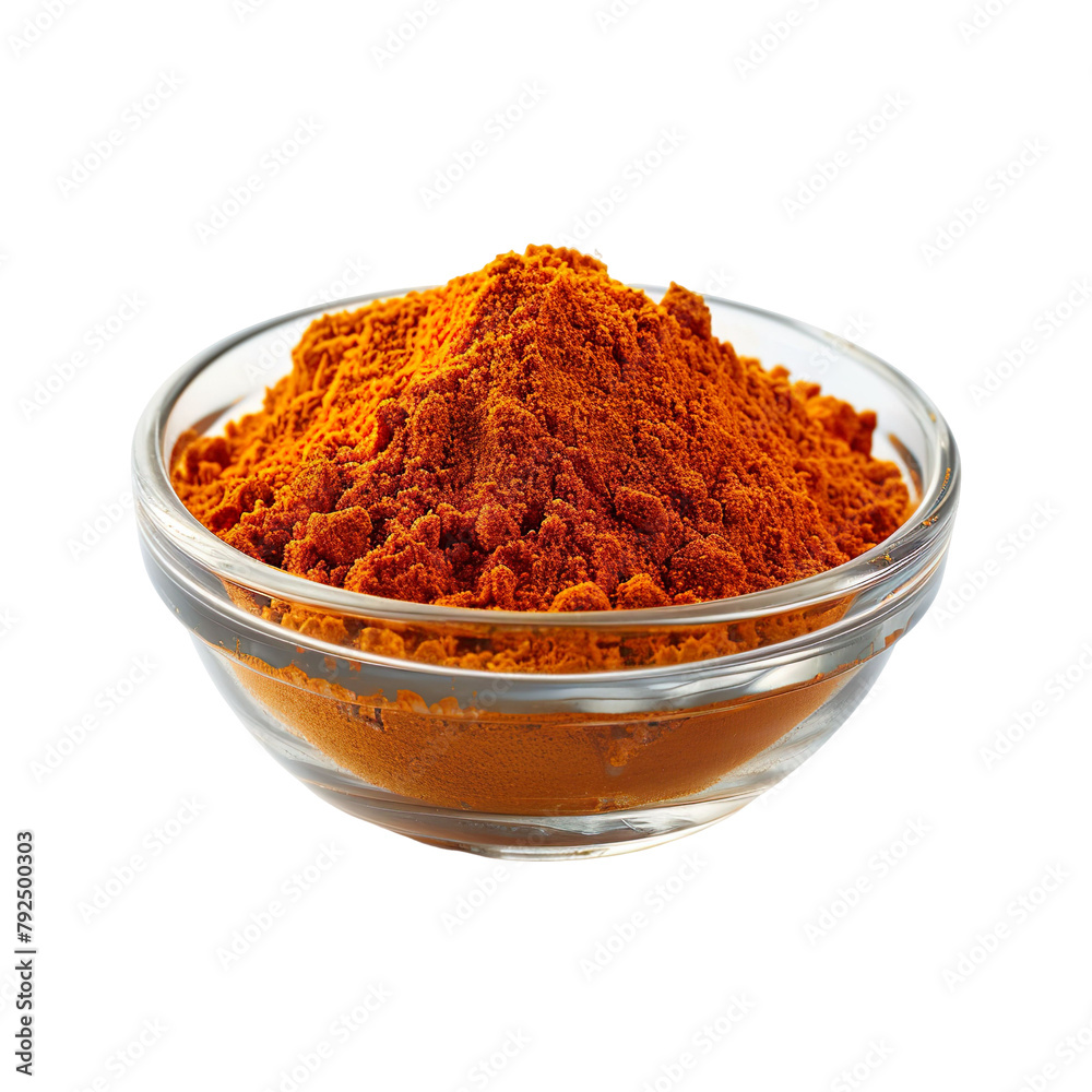 Extreme Front view of powdered Paprika in a small glass bowl isolated on a white transparent background Extreme Front view of powdered Paprika in a small glass bowl isolated on a white transparent background