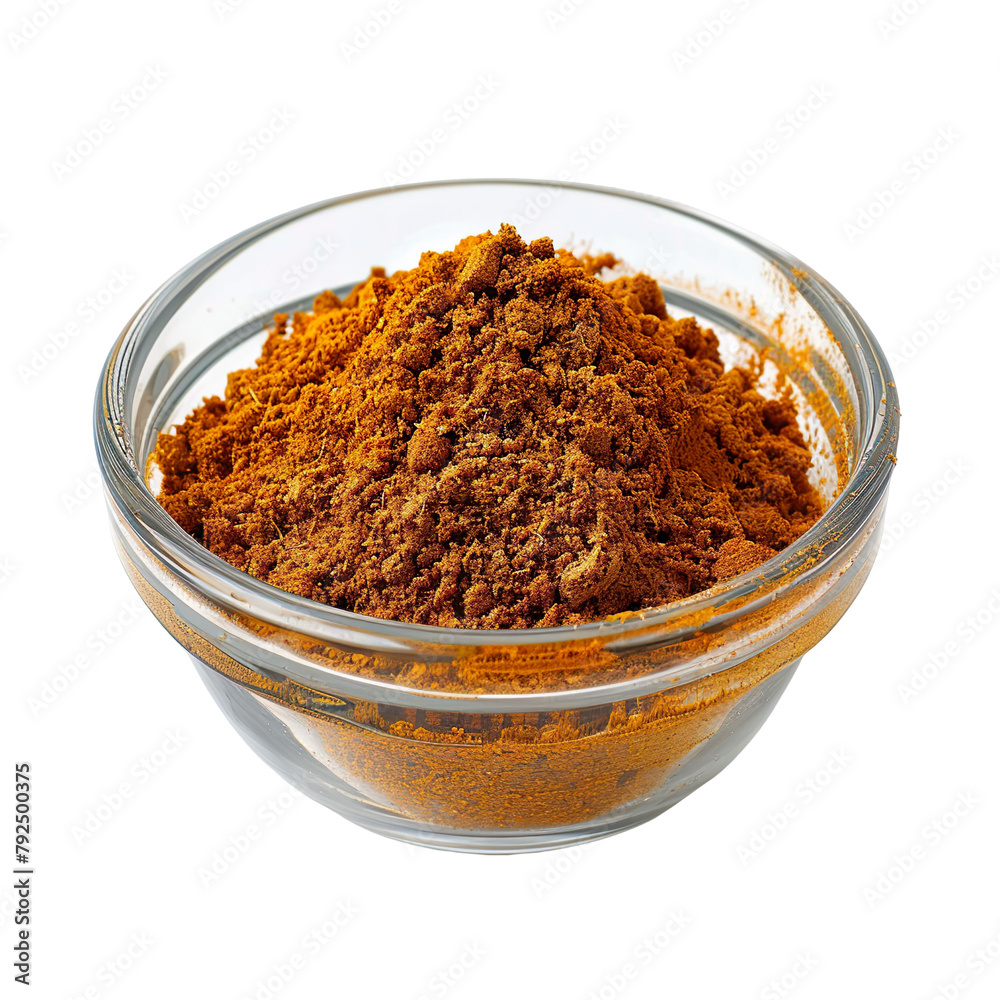 Extreme Front view of powdered Ras el Hanout in a small glass bowl isolated on a white transparent background Extreme Front view of powdered Ras el Hanout in a small glass bowl isolated on a white transparent background