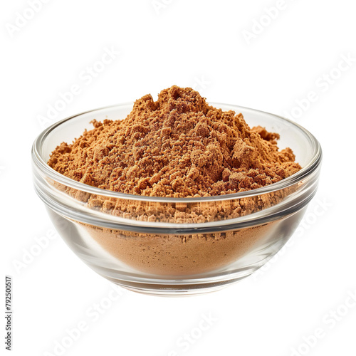 Extreme Front view of powdered Tamarind in a small glass bowl isolated on a white transparent background © SuperPixel Inc
