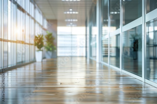 Modern office interior with glass walls, panoramic banner, blurred background