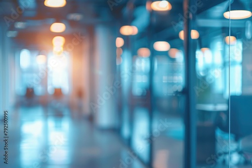 Modern office interior with glass walls, panoramic banner, blurred background © ffunn