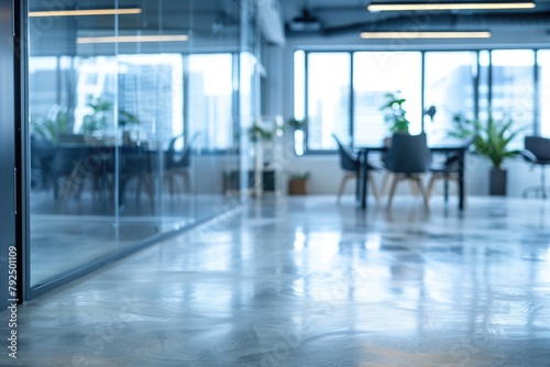 Modern office interior with glass walls, panoramic banner, blurred background