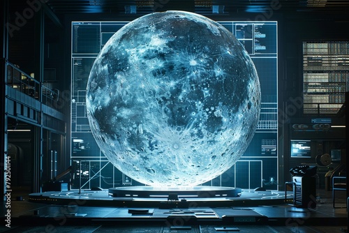 Hightech globe hologram on moon, futuristic lab setting, expansive text space, pristine photo