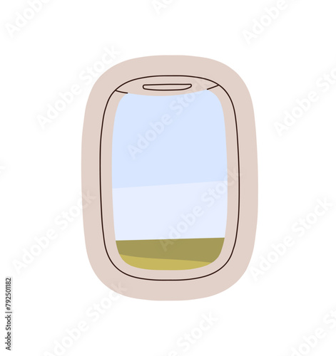Views outside plane window, skyscape at vacation journey by airliner, airplane cabin during air flight, trip landscape, sky view through porthole in air plane flat vector illustration.