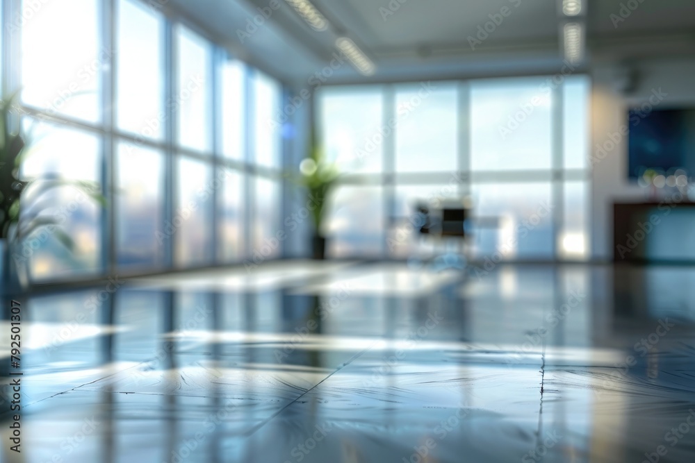 Modern office interior with glass walls, panoramic banner, blurred background