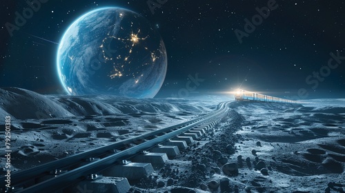 Levitating train journey on moon, Earth in blue, wide text area, background spotless photo