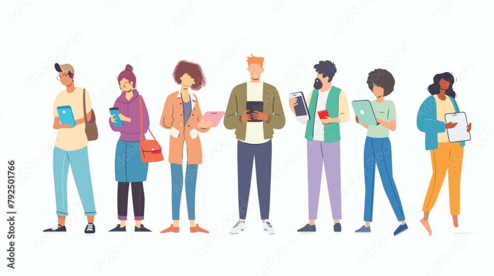 People look at gadgets. Vector flat illustration Hand